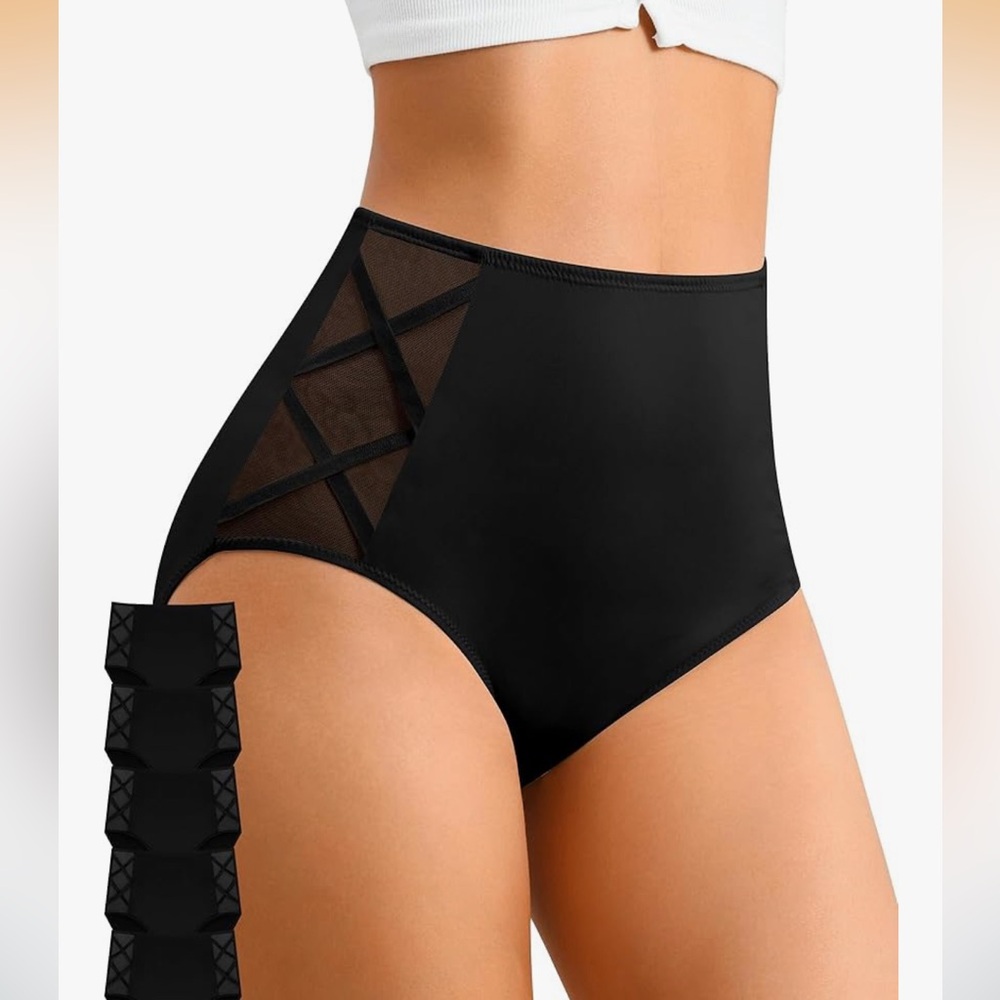 High-Waisted Black Mesh Detail Briefs